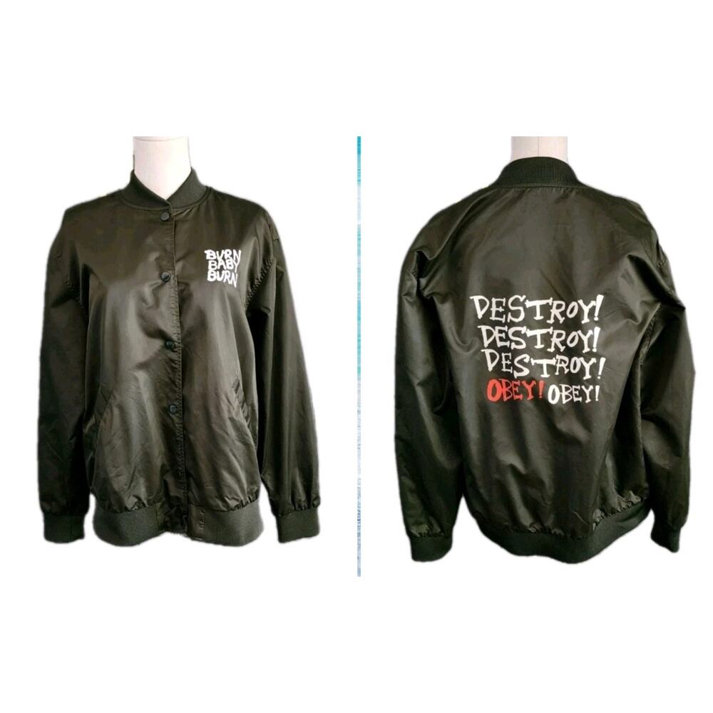 Obey Olive Green Nylon Women Medium Windbreaker Bomber Jacket DESTROY BURN BABY